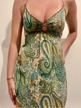 ✨ VINTAGE Y2K Heart Soul Green & Cream Paisley Cami Dress Women’s Size Large ✨